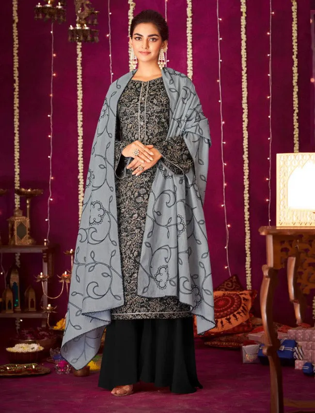 Cotton Unstitched Black Salwar Suit Material with Embroidered Dupatta