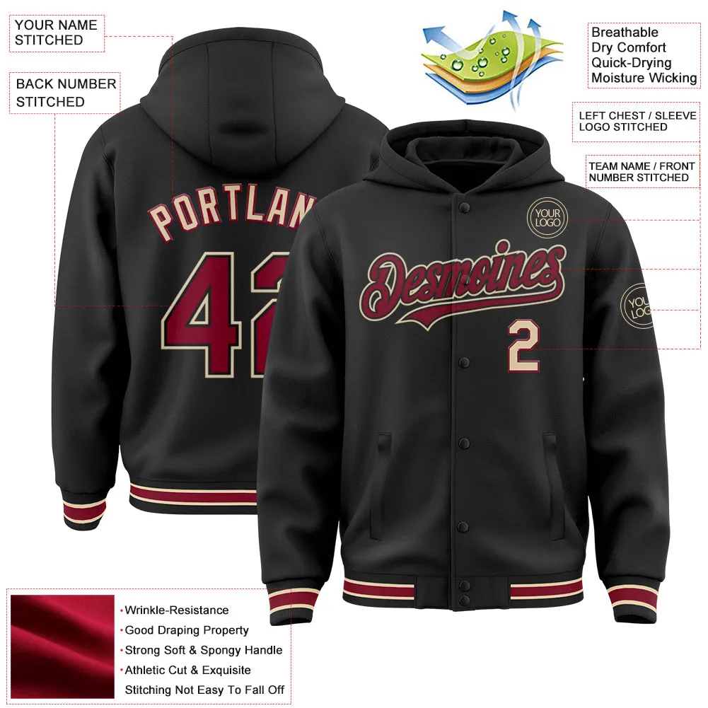 Custom Black Crimson-City Cream Bomber Full-Snap Varsity Letterman Hoodie Jacket