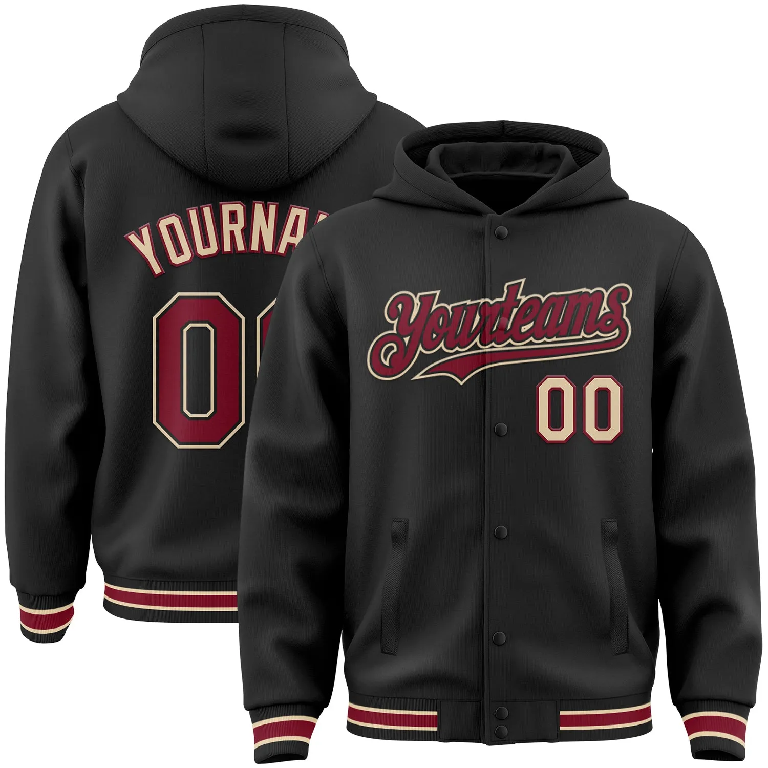 Custom Black Crimson-City Cream Bomber Full-Snap Varsity Letterman Hoodie Jacket