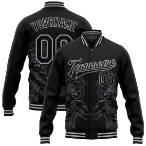 Custom Black Gray Tiger 3D Pattern Design Bomber Full-Snap Varsity Letterman Jacket