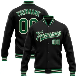 Custom Black Kelly Green-Cream Bomber Full-Snap Varsity Letterman Jacket