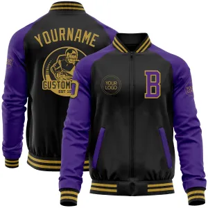 Custom Black Old Gold-Purple Bomber Varsity Letterman Two Tone Zipper Jacket