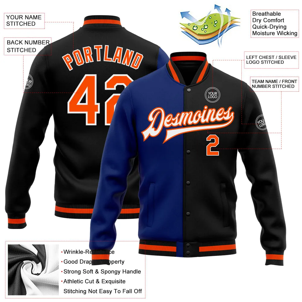 Custom Black Orange-Royal Bomber Full-Snap Varsity Letterman Split Fashion Jacket