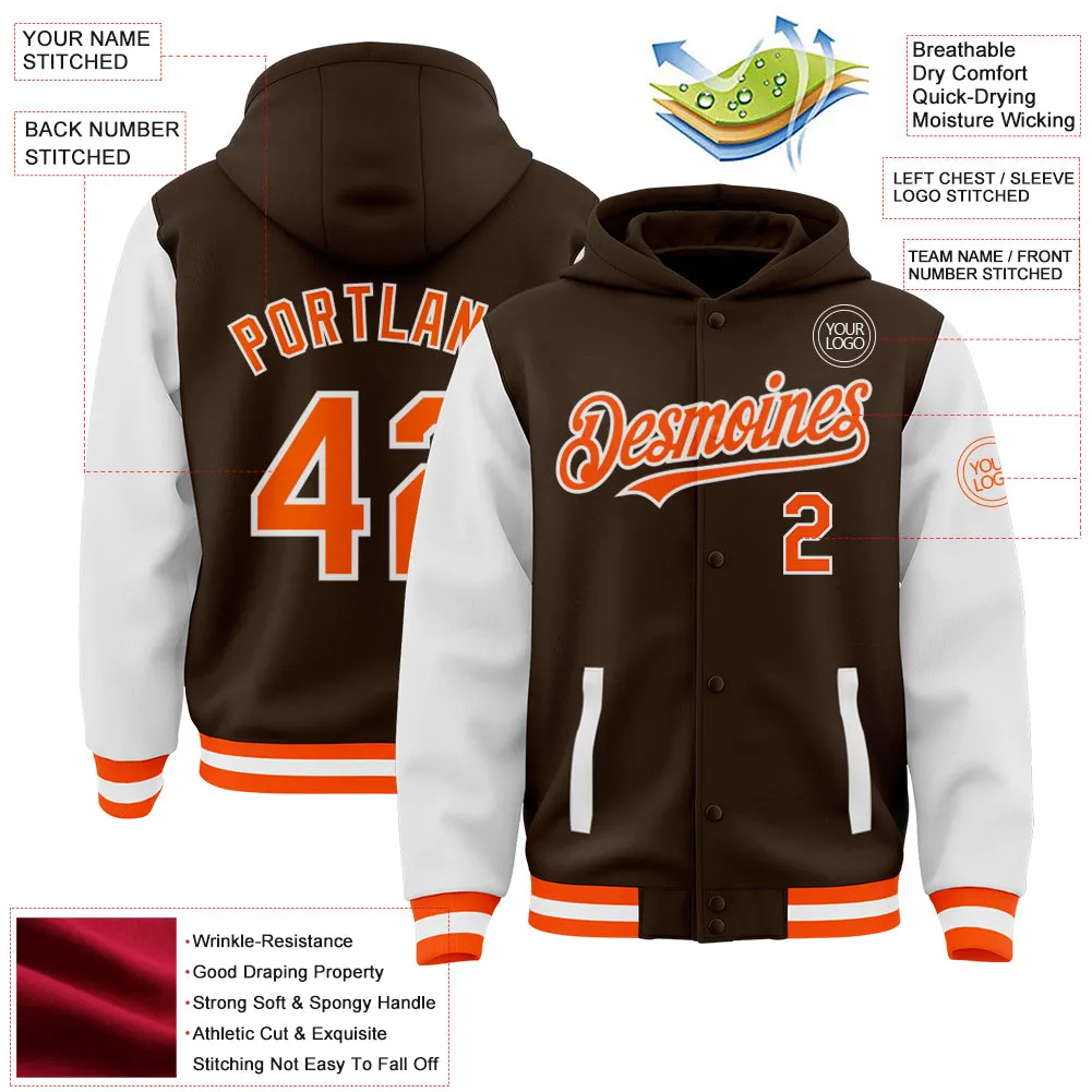 Custom Brown Orange-White Bomber Full-Snap Varsity Letterman Two Tone Hoodie Jacket