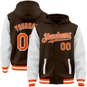 Custom Brown Orange-White Bomber Full-Snap Varsity Letterman Two Tone Hoodie Jacket