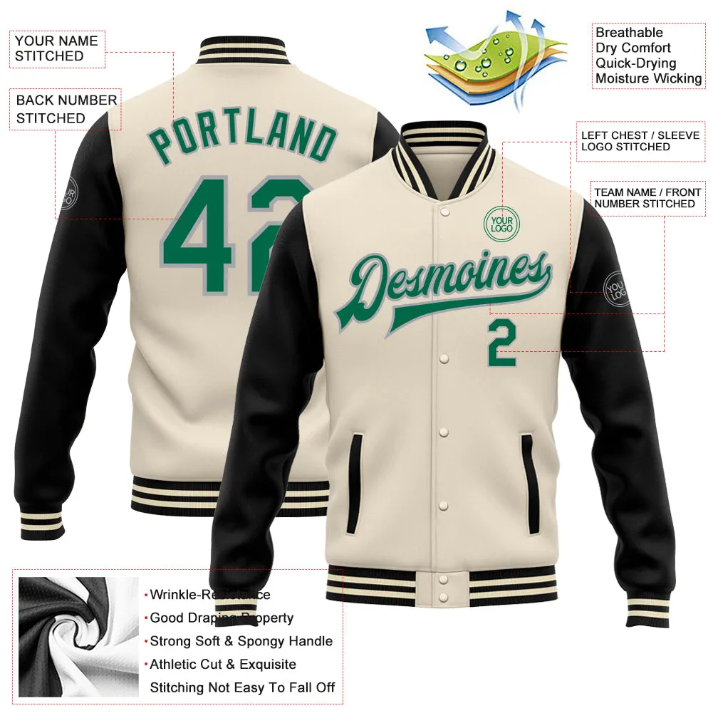 Custom Cream Kelly Green Black-Gray Bomber Full-Snap Varsity Letterman Two Tone Jacket