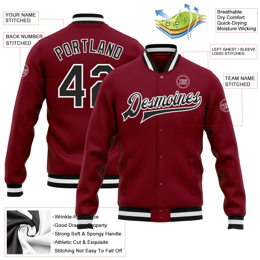 Custom Crimson Black-White Bomber Full-Snap Varsity Letterman Jacket