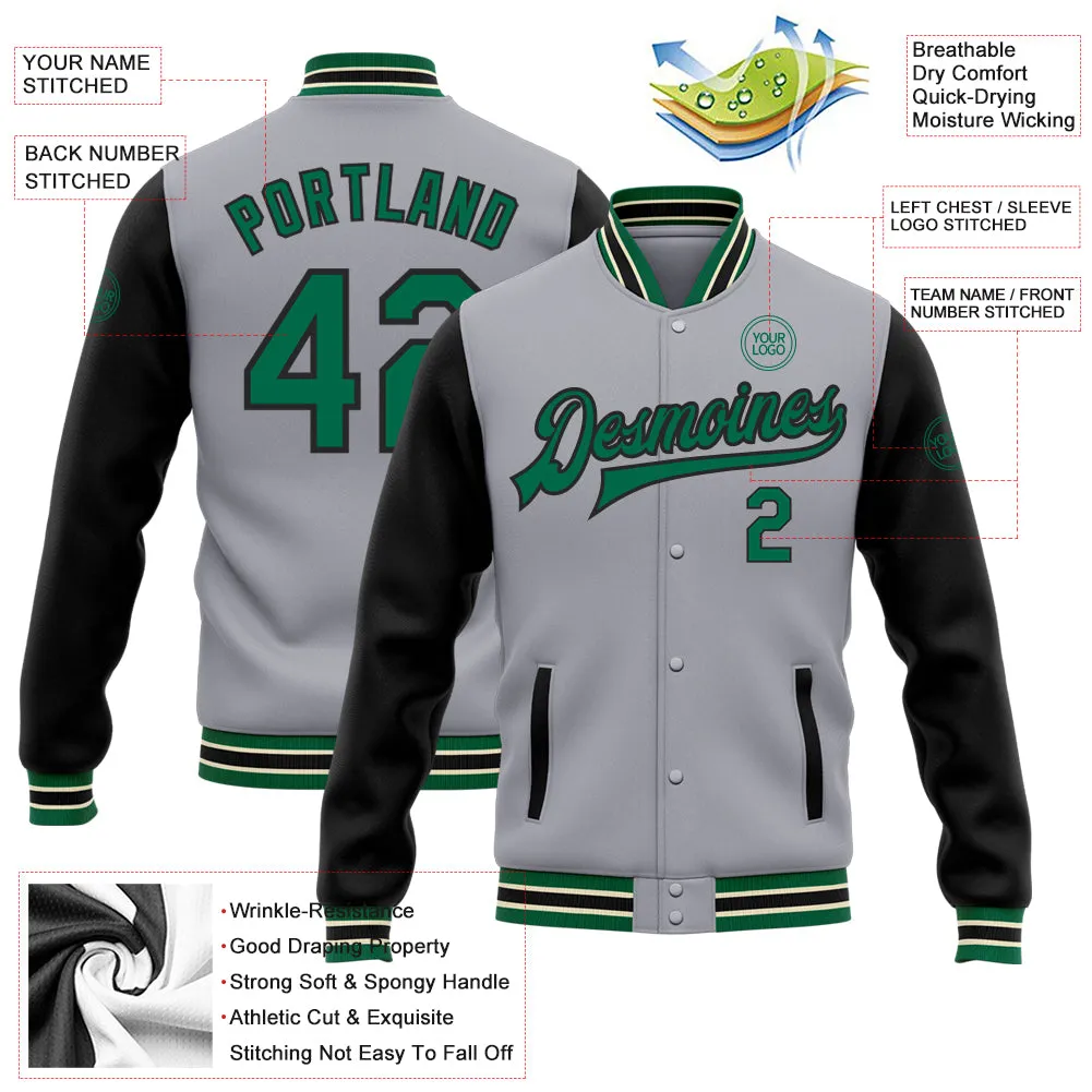 Custom Gray Kelly Green-Black Bomber Full-Snap Varsity Letterman Two Tone Jacket