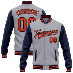 Custom Gray Orange-Navy Bomber Full-Snap Varsity Letterman Two Tone Jacket