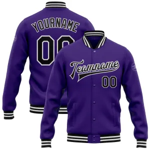 Custom Purple Black-White Bomber Full-Snap Varsity Letterman Jacket