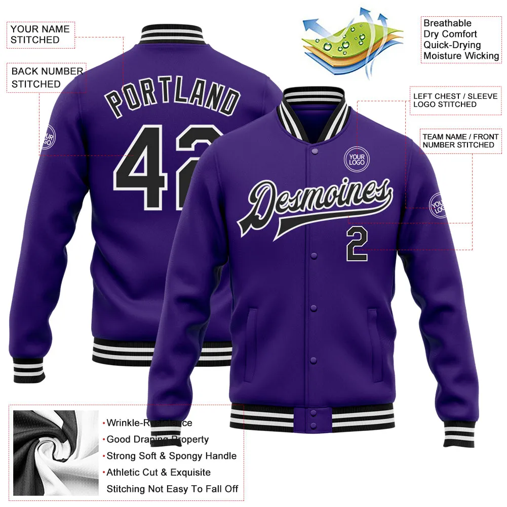 Custom Purple Black-White Bomber Full-Snap Varsity Letterman Jacket