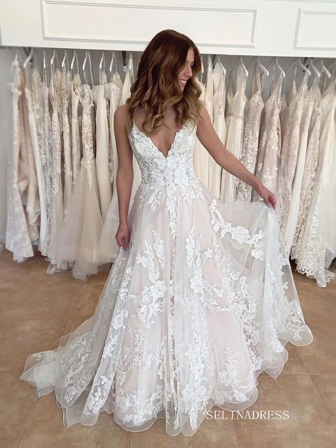 Elegant Deep V neck Rustic Lace Wedding Dresses Cheap Boho Wedding Gowns EWR812