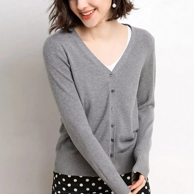 Elegant Thin Comfortable Cozy Stylish Solid Color V-Neck Long Sleeve Knitted Sweater