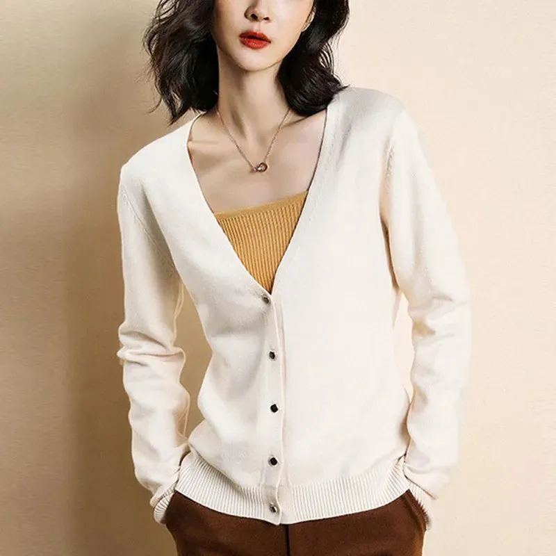 Elegant Thin Comfortable Cozy Stylish Solid Color V-Neck Long Sleeve Knitted Sweater