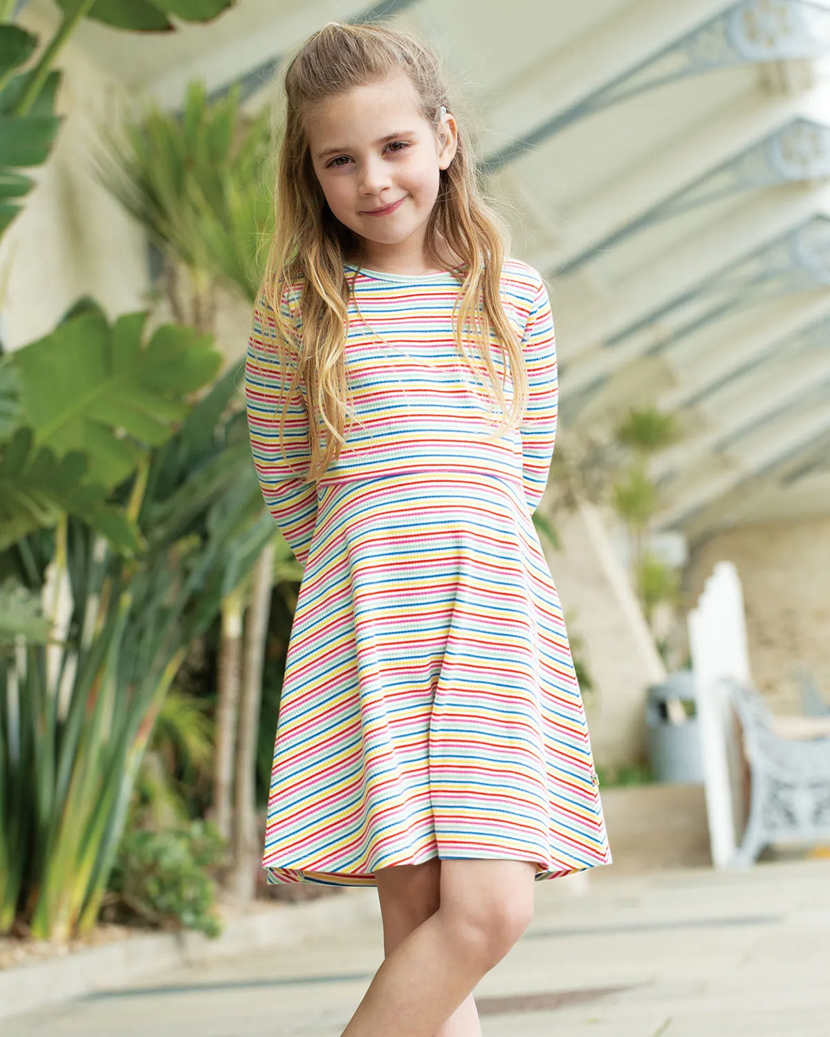 Frugi Rhianna Rib Skater Dress - Rainbow Stripe