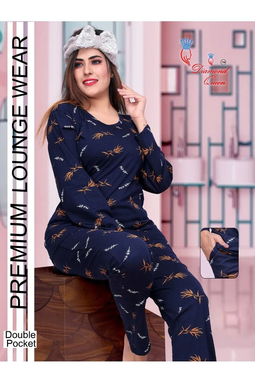 Full Sleeves Hosiery Cotton Ladies Night Suits Blue