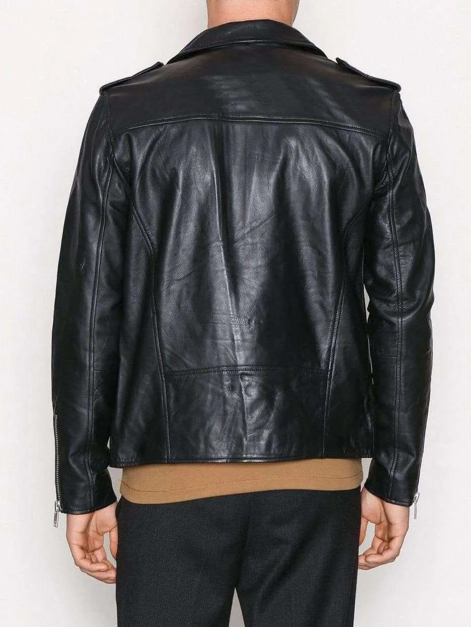 Genuine Lambskin Black Leather Jacket Motorcycle Slim Fit Biker Jacket