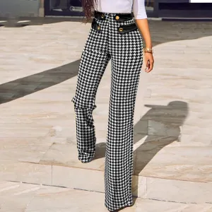 Graduation Gifts  2022 Autumn Casual Women Trousers Fashion Leggins Houndstooth Print Buttoned High Waist Wide Leg Tailored Pants