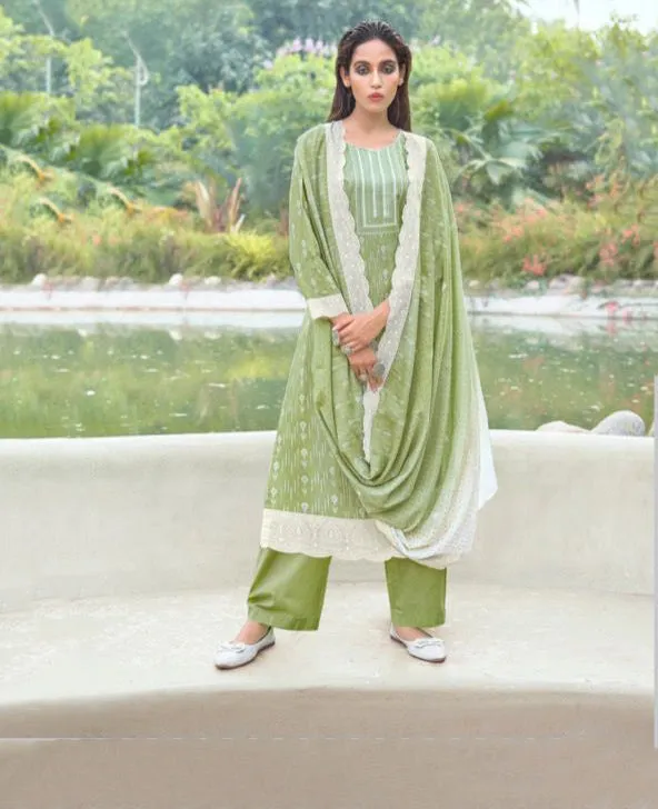 Green Pure Cotton Printed Unstitched Suit Set