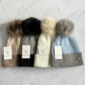 House of Tweed Luxury Striped Ladies Pom Pom Bobble  Beanie Hats