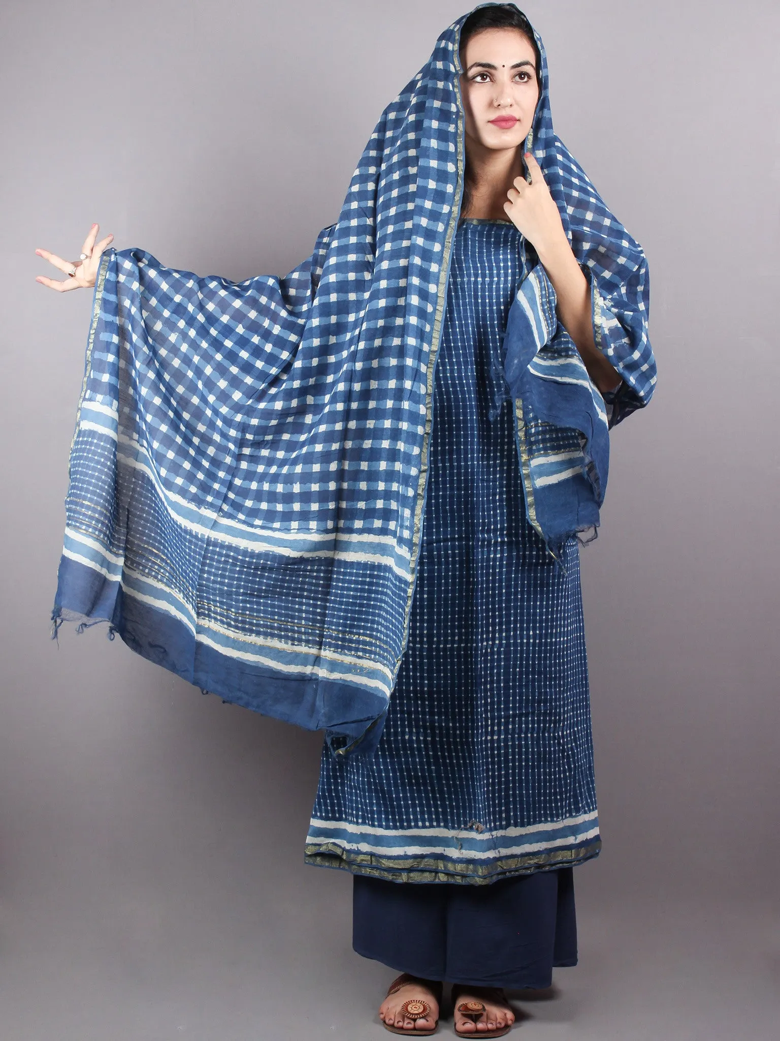 Indigo White Hand Block Printed Chanderi Unstitched Kurta & Chanderi Dupatta With Cotton Salwar - S1628011