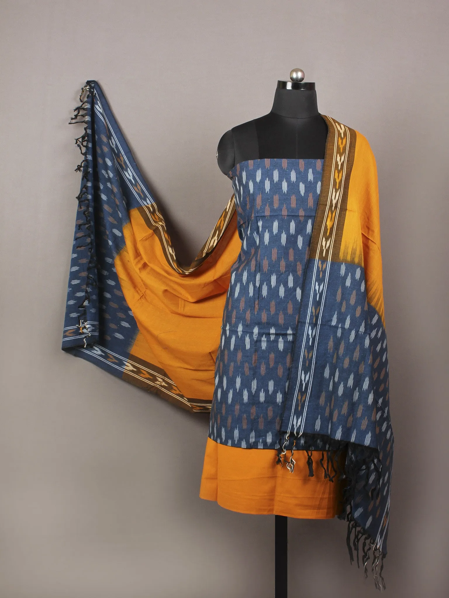 Indigo Yellow Brown White Ikat Handwoven Cotton Suit Fabric Set of 3 - S1002006