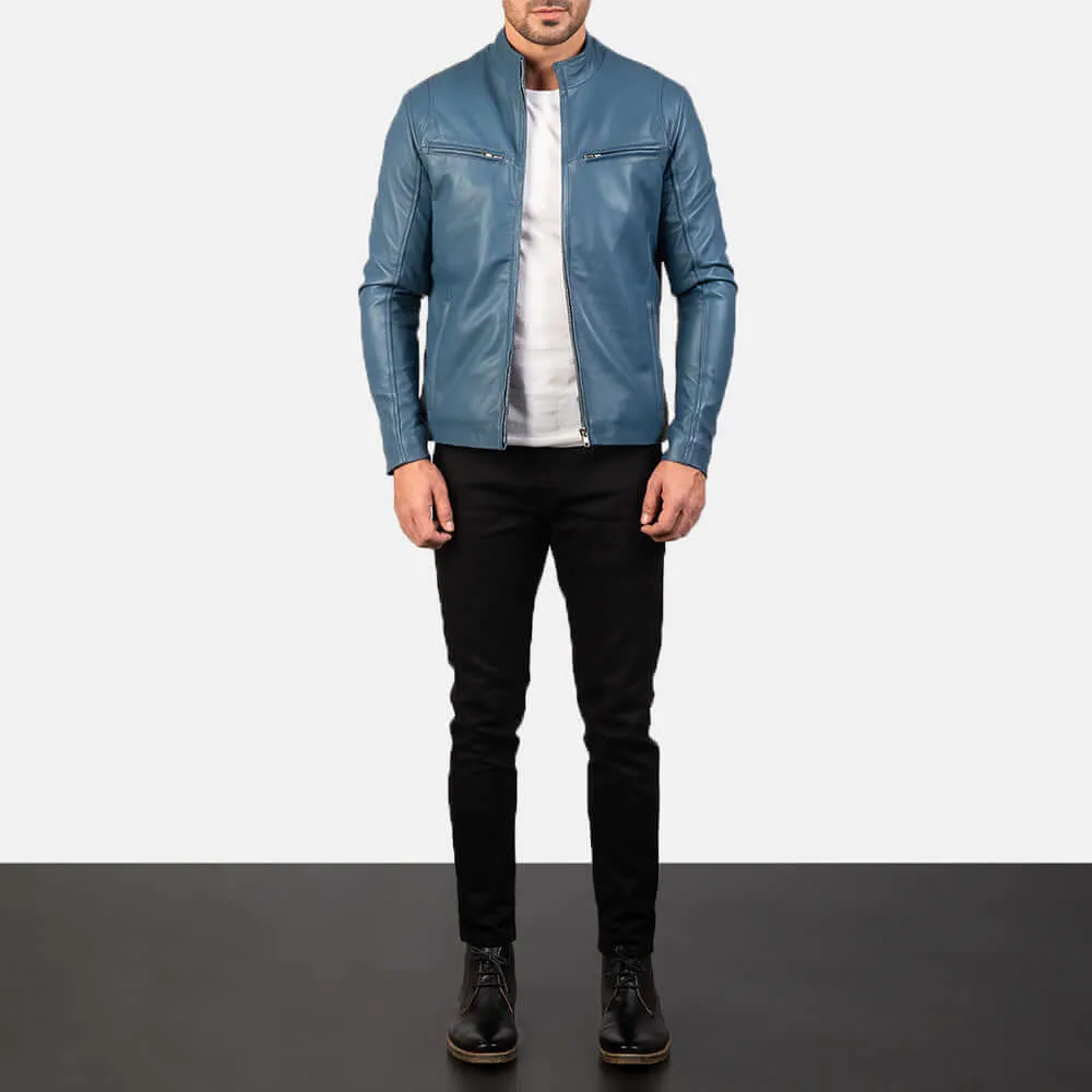 Ionic Blue Leather Biker Jacket For Men's