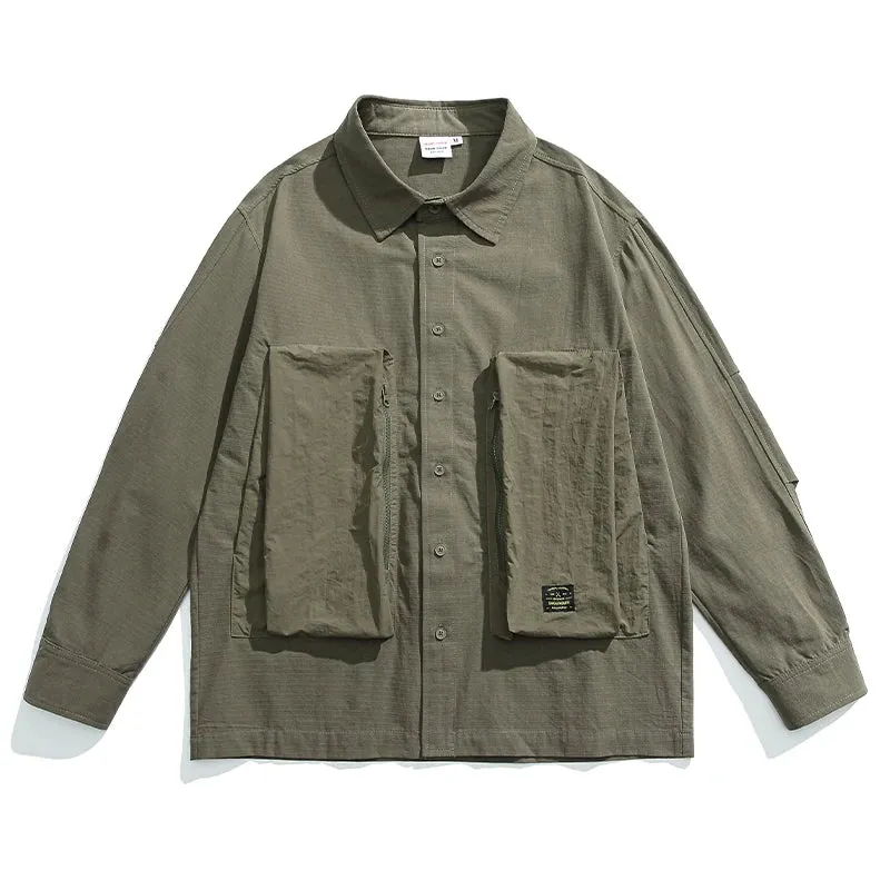 Japanese Streetwear Zipper Pocket Cargo Shirt - Casual Long Sleeve