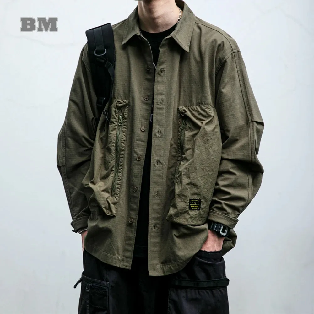 Japanese Streetwear Zipper Pocket Cargo Shirt - Casual Long Sleeve