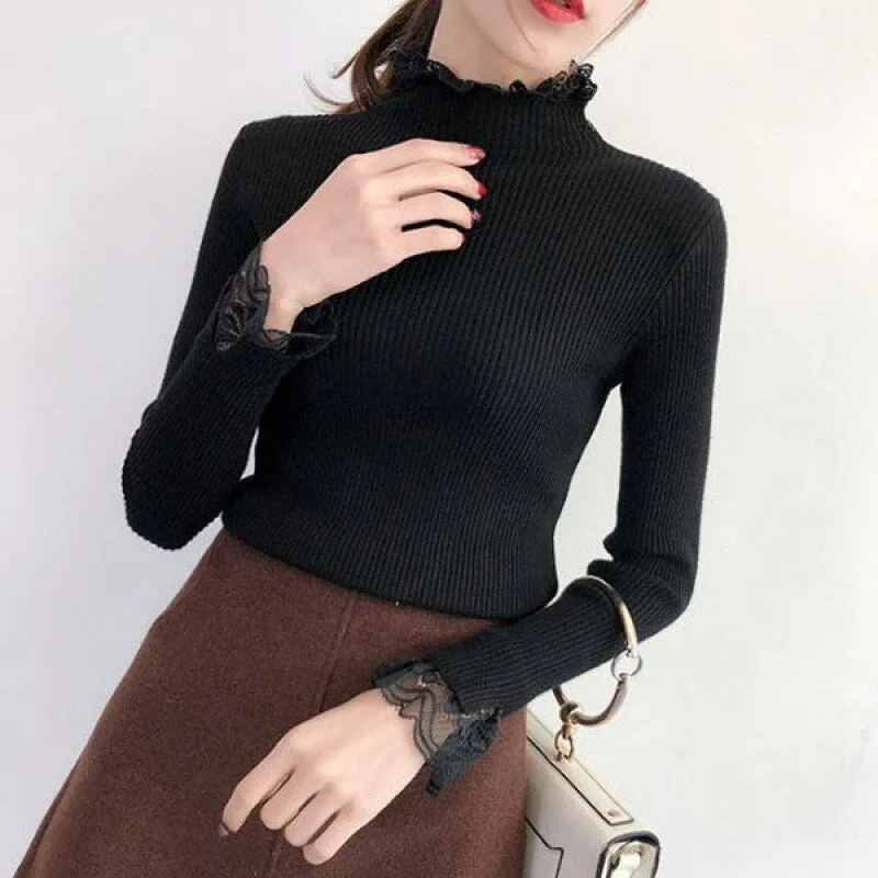 Knitted Long Lace Trim Design Sleeves Soft Turtleneck Sweater For Women