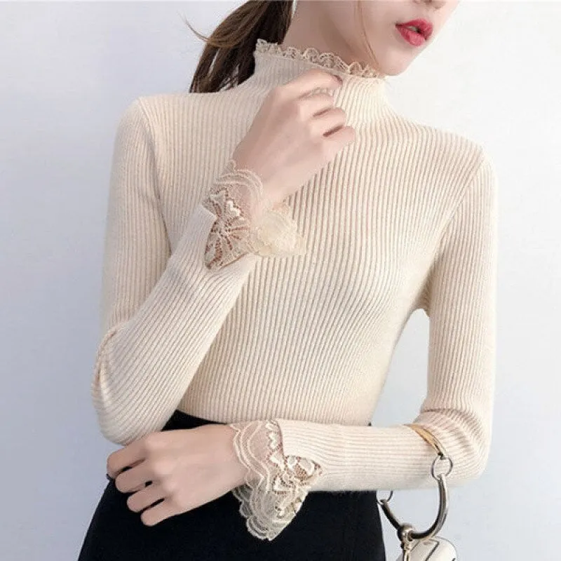 Knitted Long Lace Trim Design Sleeves Soft Turtleneck Sweater For Women