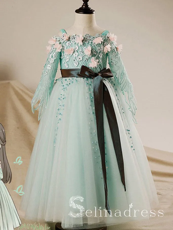 Long Sleeves Mint Tulle A-line Lace Flower Girl Dress With Sash GRS004