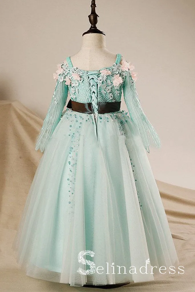 Long Sleeves Mint Tulle A-line Lace Flower Girl Dress With Sash GRS004