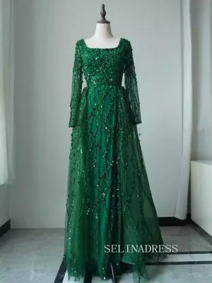 Luxurious Green Square Neck Arabic Long Sleeves Beaded Long Formal Evening Dress With Skirt ALI0015