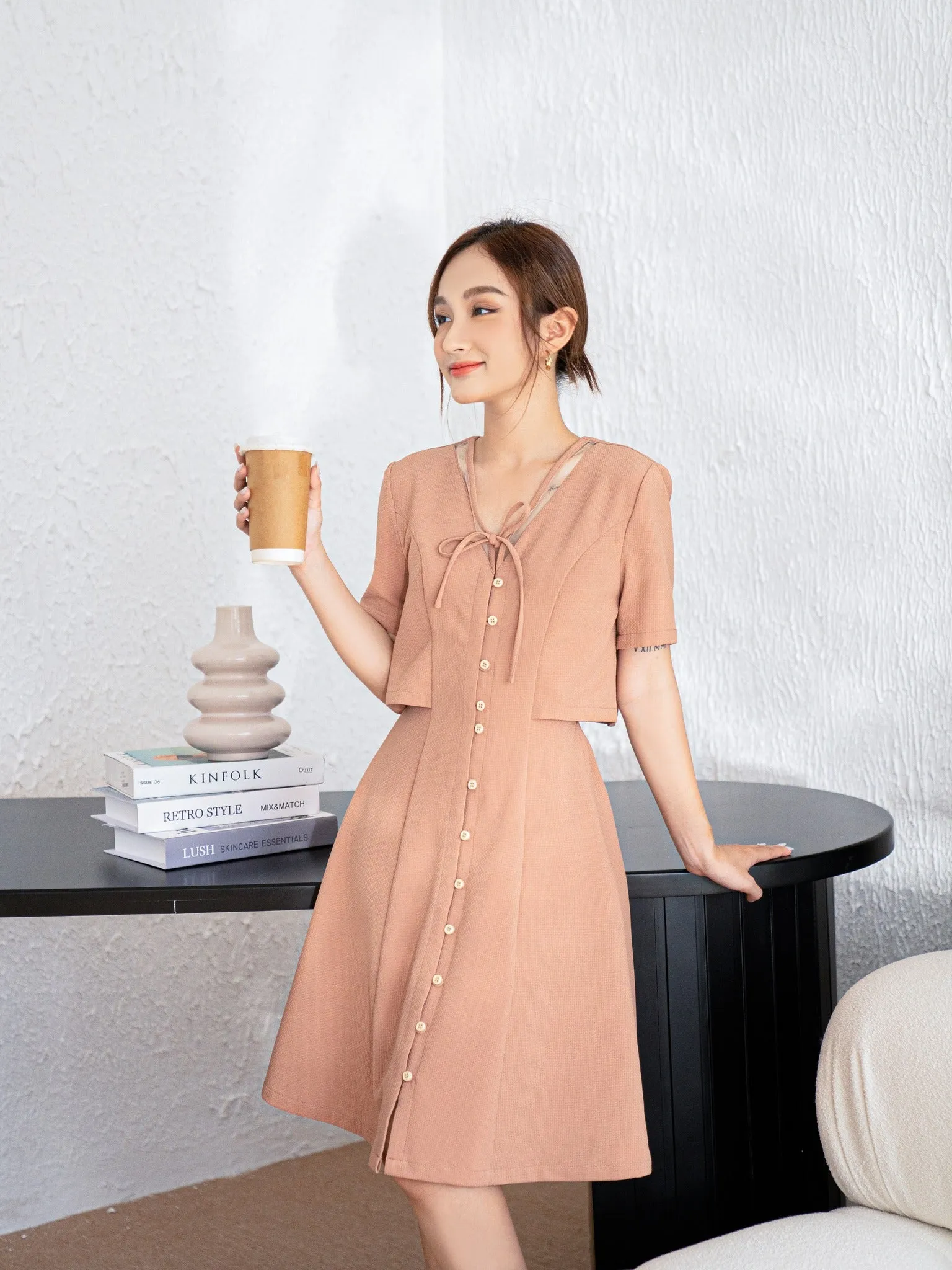 Maris Pink Buttoned A-Line Dress - Gu Fashion | Vietnam Fashion Style