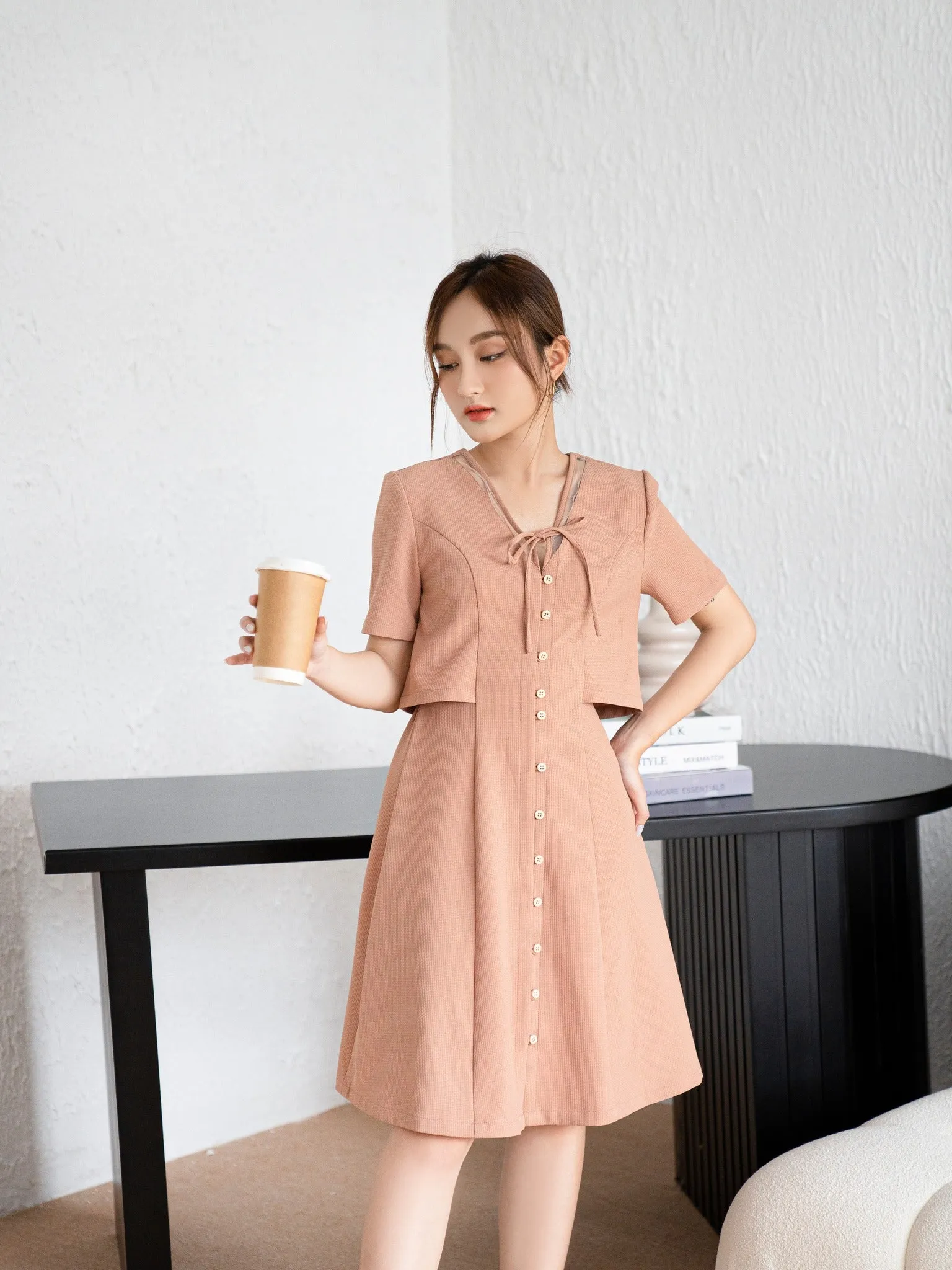 Maris Pink Buttoned A-Line Dress - Gu Fashion | Vietnam Fashion Style