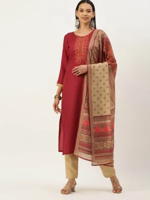 Maroon Unstitched Ethnic Cotton Salwar Suit Dress Material