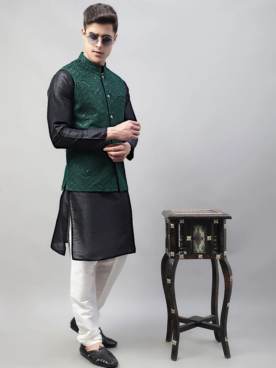 Men Black Solid Kurta Pyjama with  Olive Green Embroidered Nehru Jacket