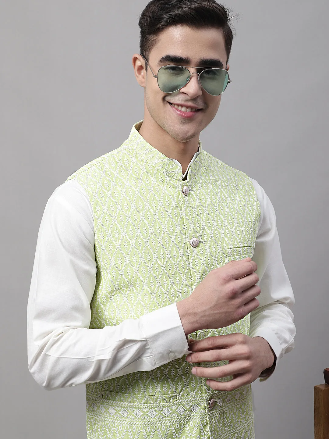 Men Green And White Embroidered Waistcoats