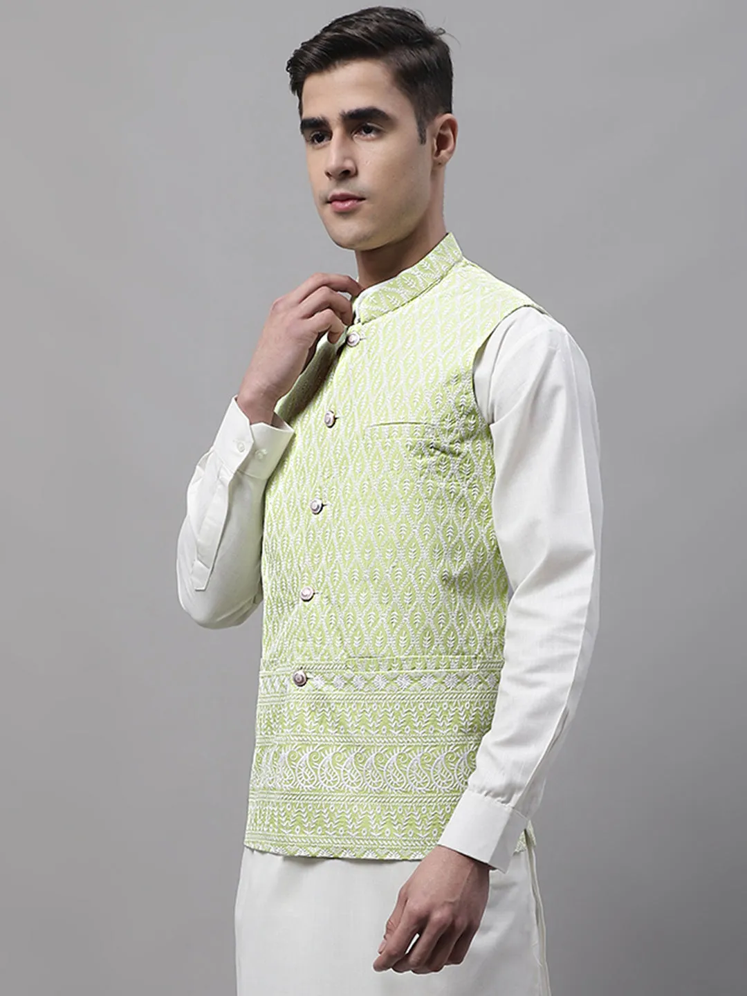 Men Green And White Embroidered Waistcoats