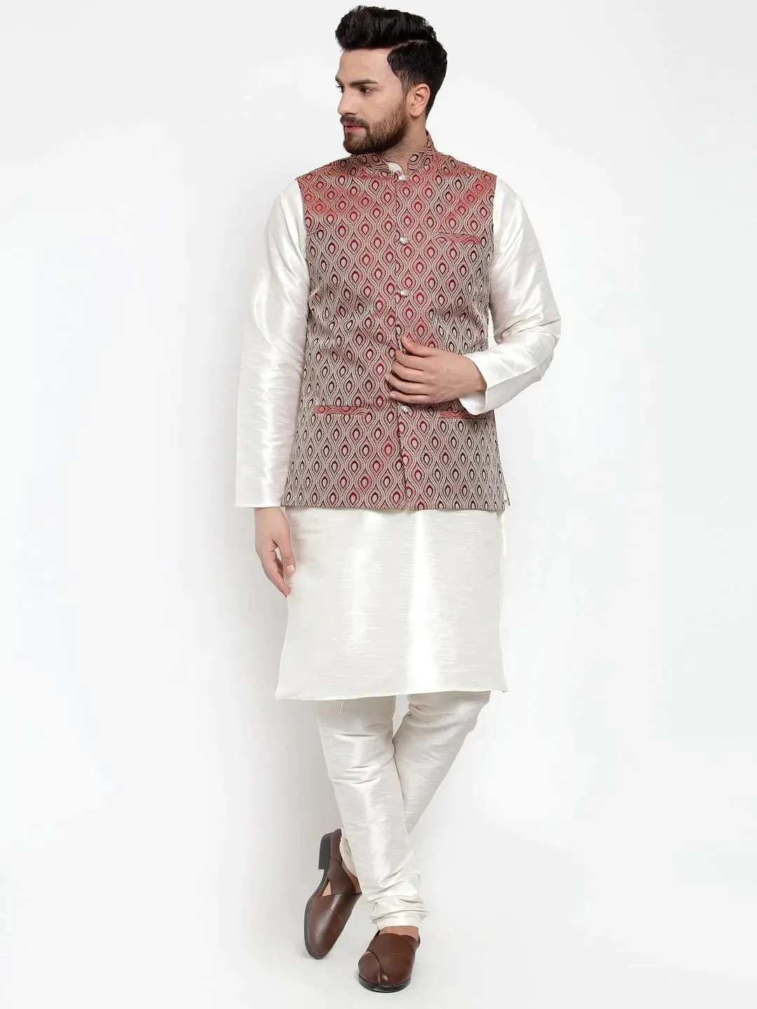 Men Maroon Woven Design Nehru Jacket