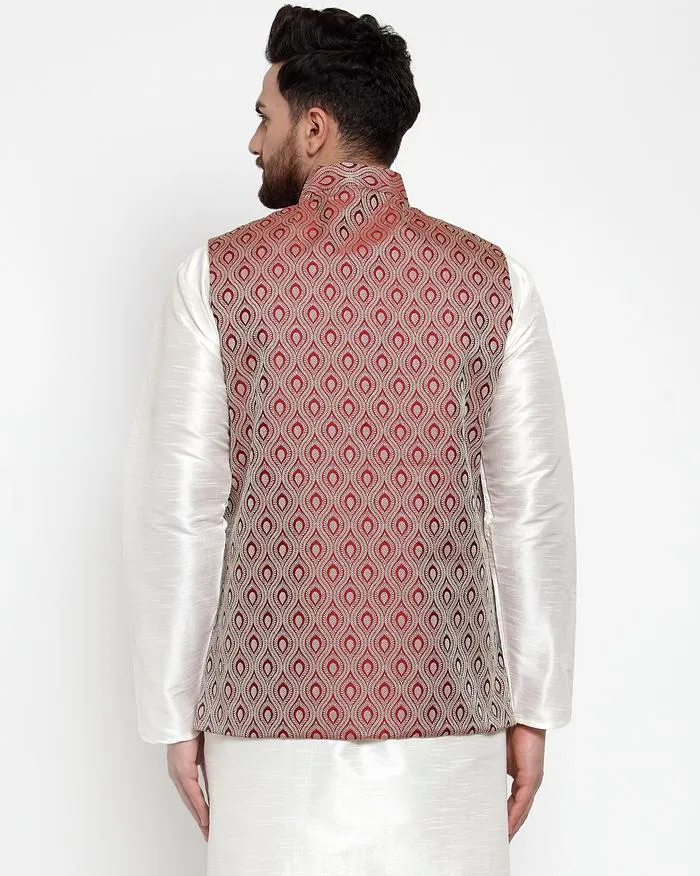 Men Maroon Woven Design Nehru Jacket