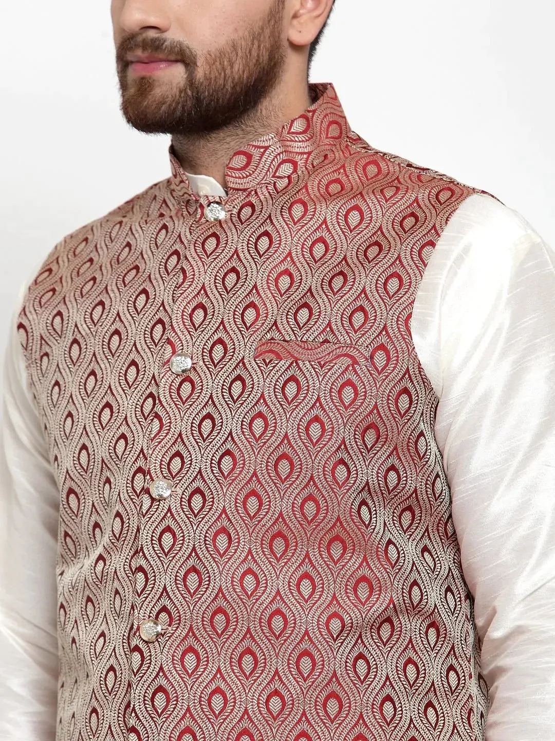 Men Maroon Woven Design Nehru Jacket