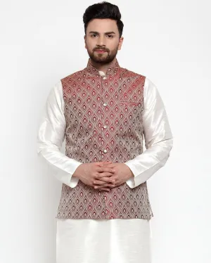 Men Maroon Woven Design Nehru Jacket