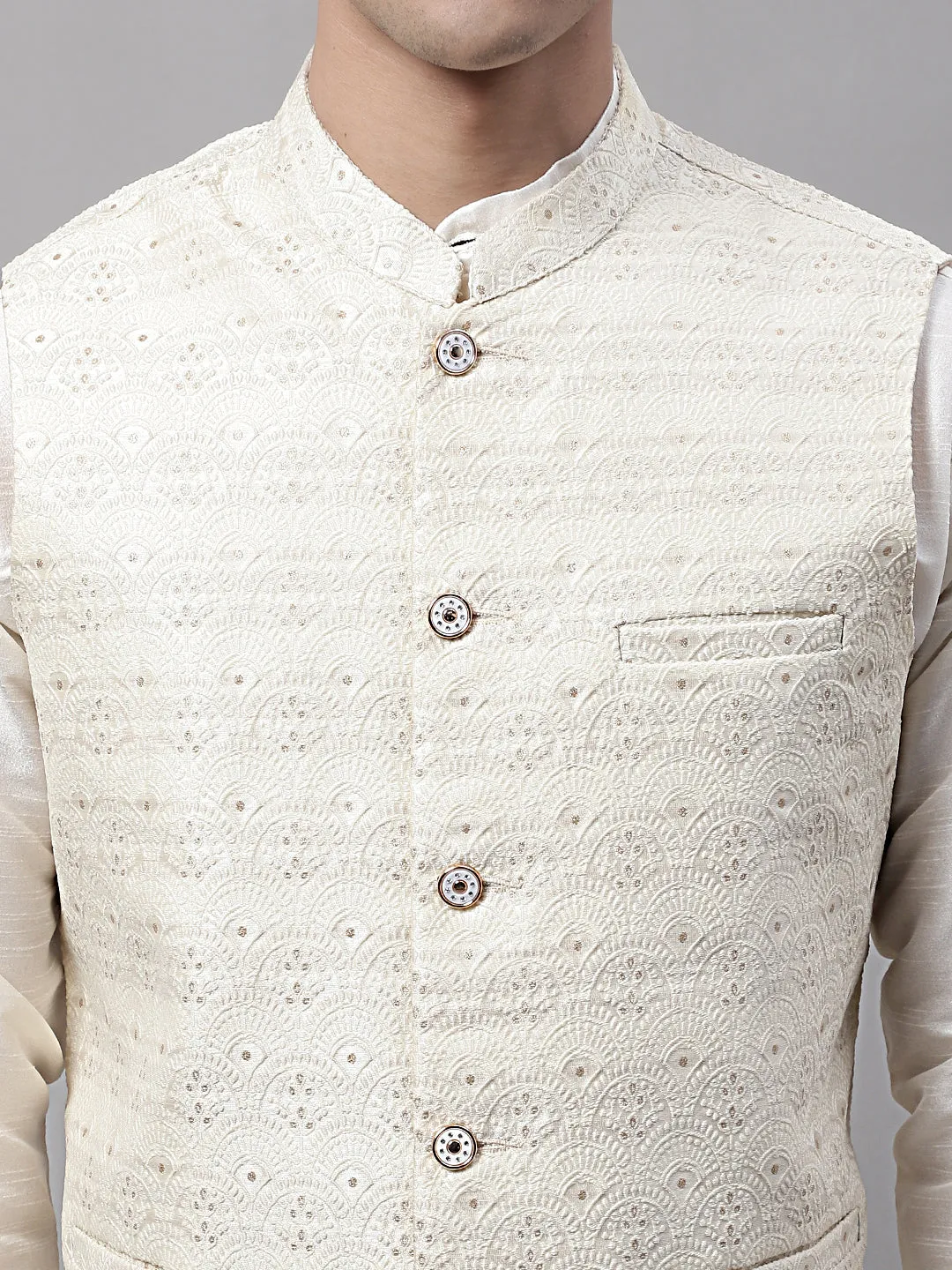 Men Off White Woven Design Waistcoats