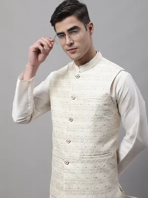 Men Off White Woven Design Waistcoats