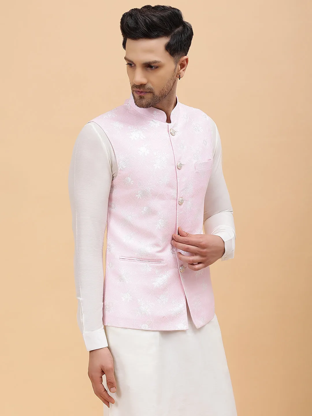 Men Pink & Gold Woven Design Jacquard Neharu Jacket