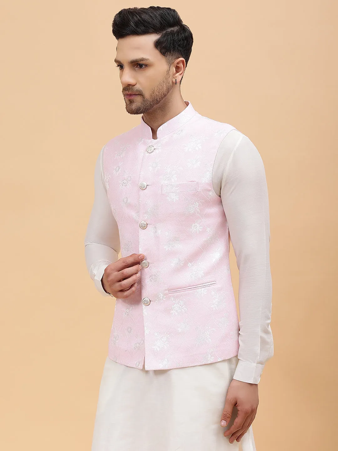 Men Pink & Gold Woven Design Jacquard Neharu Jacket