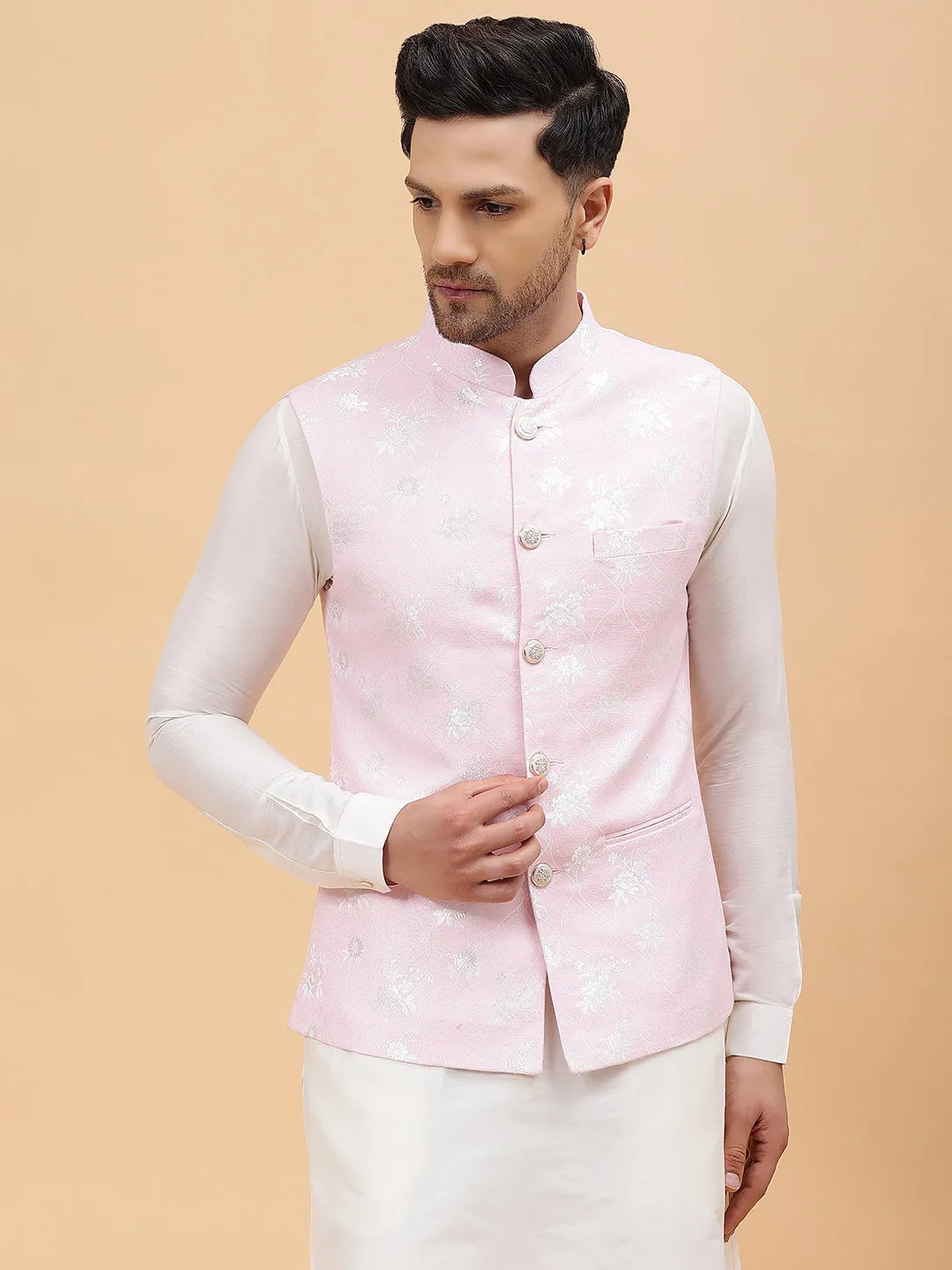 Men Pink & Gold Woven Design Jacquard Neharu Jacket