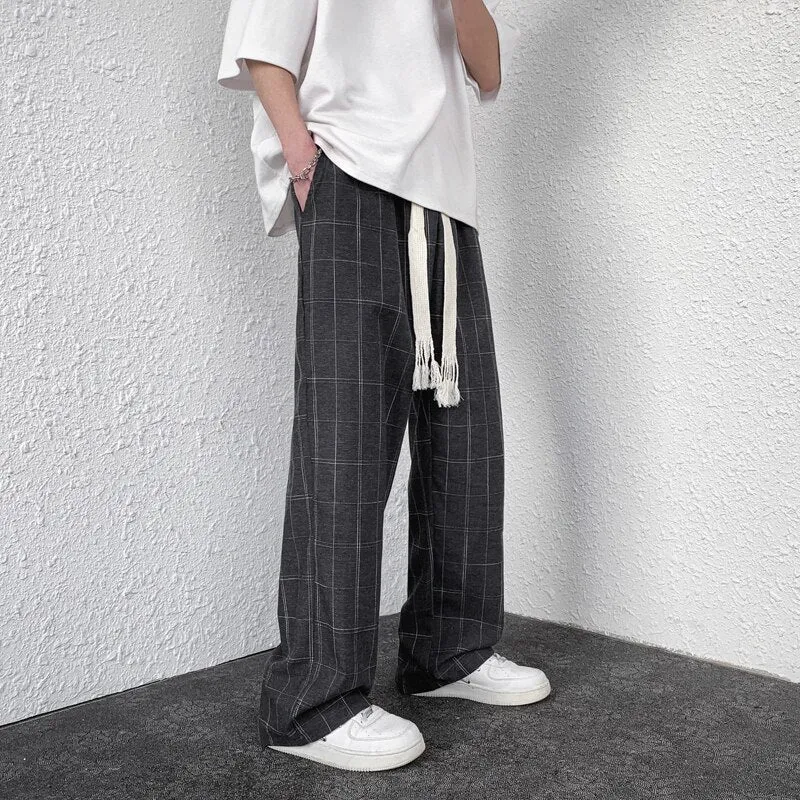 Men Plaid Pants Thin Wide Casual Long Trousers Streetwear